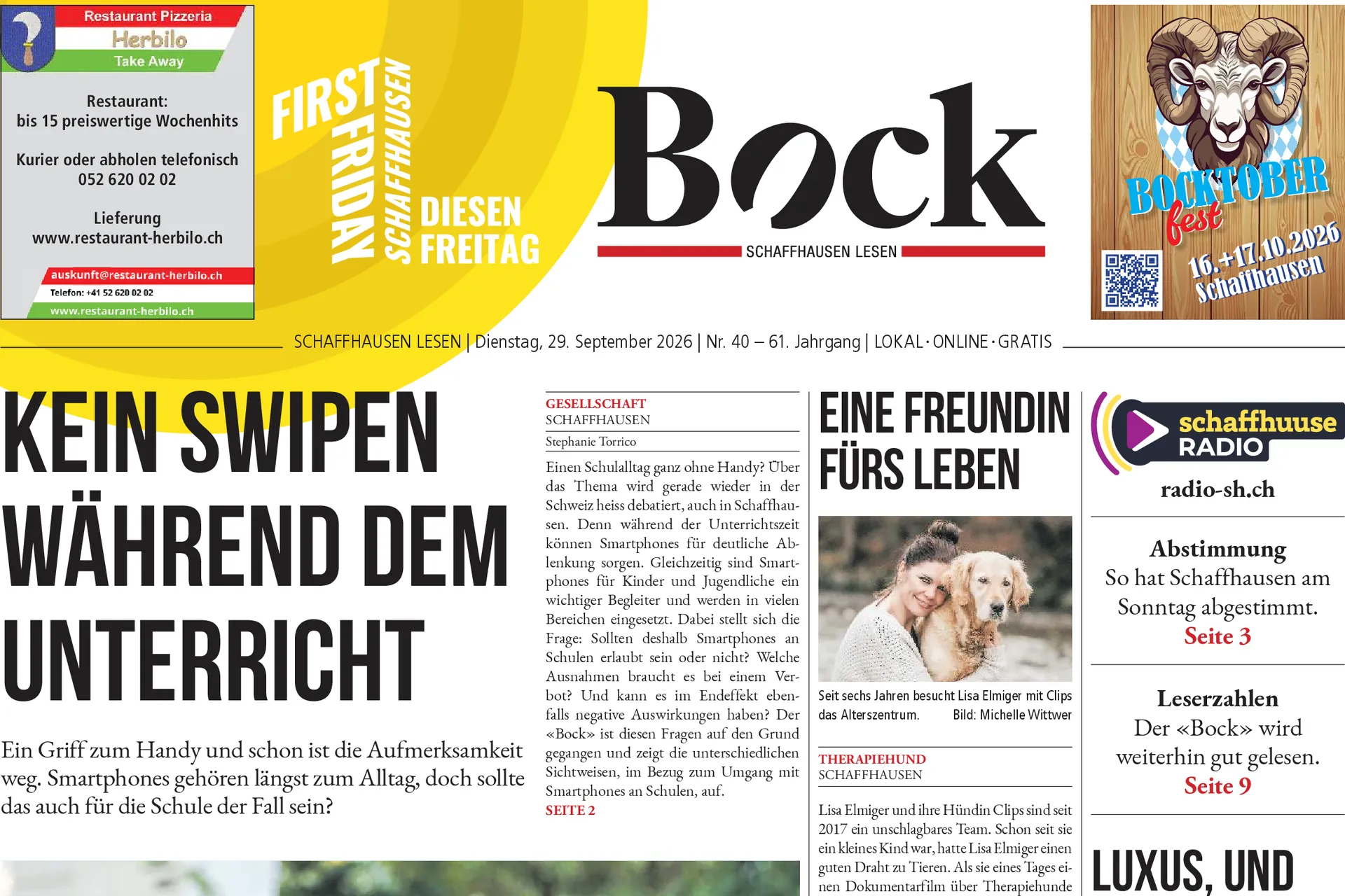 Titelseite des Schaffhauser Bock vom 29. September 2026: Zeitungskopf und Aufmacher